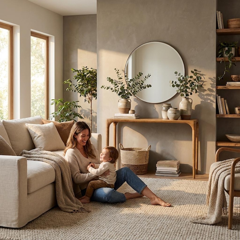 May include: A living room scene with a beige sofa, a wooden console table, and a large round mirror. A woman and a child are sitting on the floor. Decorative vases and a woven basket add to the room's aesthetic.