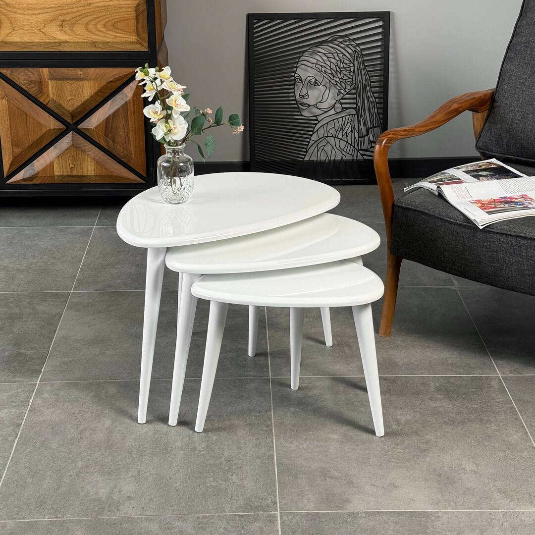 Nesting Coffee Table Set Wooden Side Table for Living Room Mid Century ...