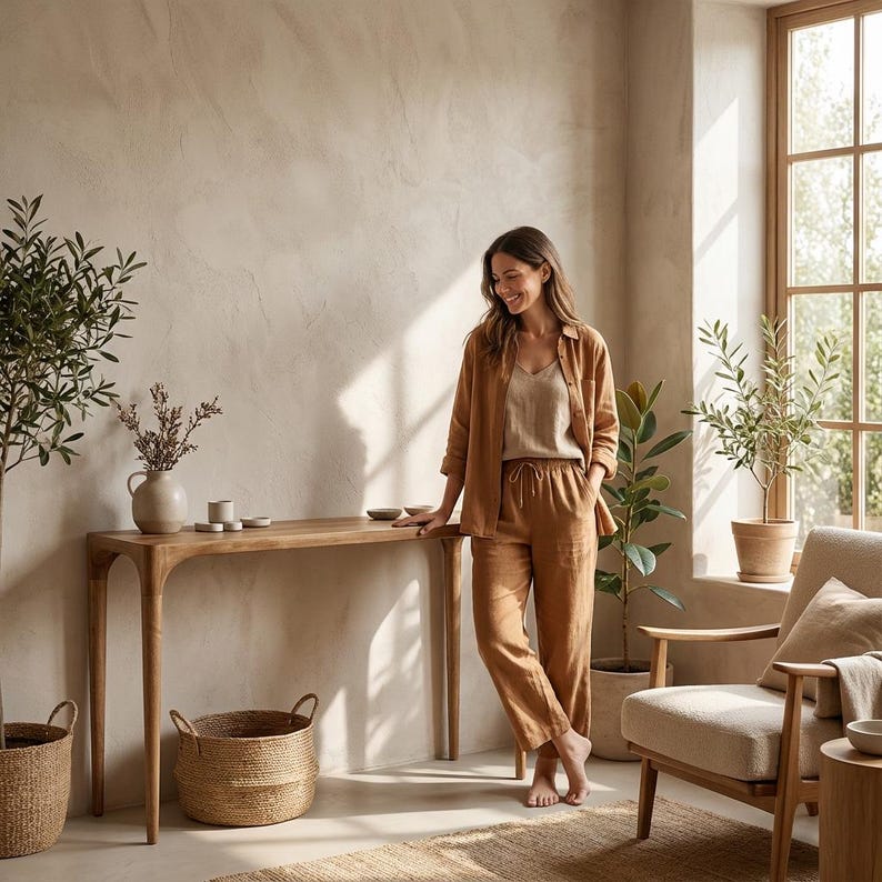 May include: A light brown linen outfit, consisting of a button-down shirt, camisole, and drawstring pants. A wooden console table with a curved design is in the background, along with woven baskets and potted plants. The room has a neutral color palette.