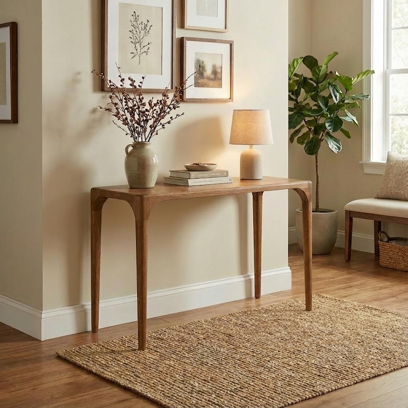 May include: A wooden console table with a curved design and four slender legs. A beige lamp sits on the table, along with books and a decorative vase with dried flowers. A woven rug is on the floor.