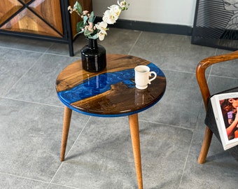 Epoxy Resin Round Coffee Table Live Edge Walnut Side Table Mid Century Modern End Table with Wooden Legs Handmade