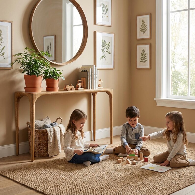 May include: A light wood console table with a round mirror and framed botanical prints. Two potted plants sit on the table. Three children are playing on a jute rug with blocks and a book. A woven basket with a blanket is on the floor.