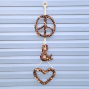 Grapevine and Macrame Hanging Wall Art – Peace Sign, Ampersand, and Heart