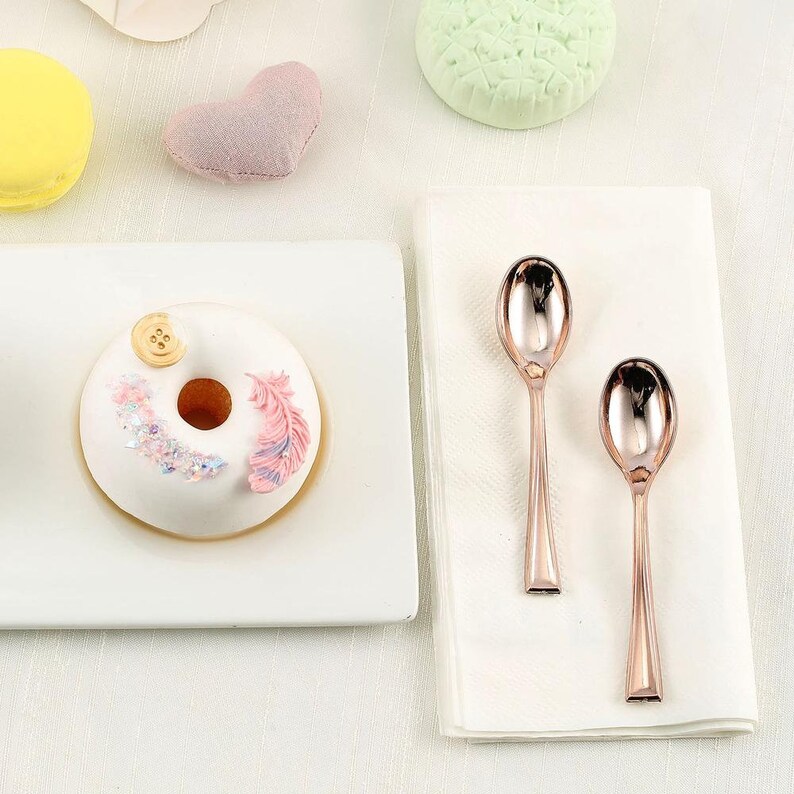 Fancy Plastic Cutlery Set of 6 Tea Party or Birthday Supply Rose Gold Mini Spoons Bridal or Baby Shower Decor Rose Gold Silverware