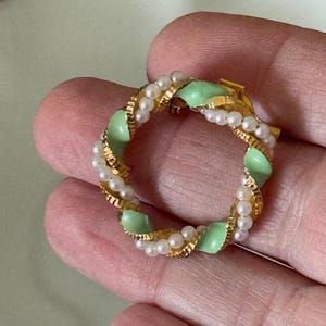 Vintage Gold Tone Wreath Brooch with Faux Pearls and Green Enamel Leaves