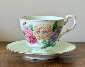 Vintage Paragon Teacup and Saucer: Chrysanthemum Mint Green English Bone China Queen’s Warrant