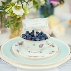 May include: A white teacup with a floral pattern filled with blueberries and a blue and white place card that reads "Lulu Daisy". The teacup is on a white saucer with a blue rim and a larger white plate with a blue rim.