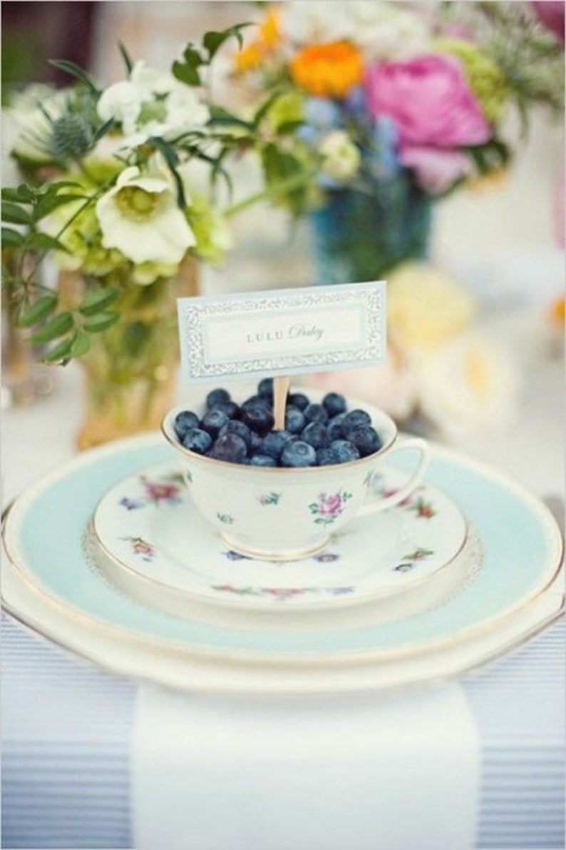 May include: A white teacup with a floral pattern filled with blueberries and a blue and white place card that reads "Lulu Daisy". The teacup is on a white saucer with a blue rim and a larger white plate with a blue rim.