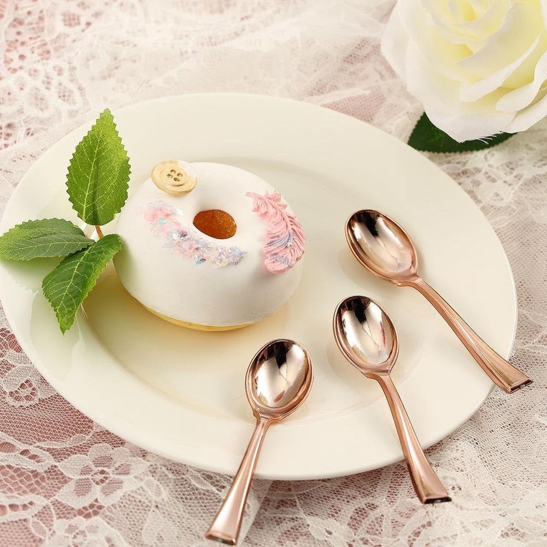 Fancy Plastic Cutlery Set of 6 Tea Party or Birthday Supply Rose Gold Mini Spoons Bridal or Baby Shower Decor Rose Gold Silverware