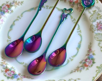 Demitasse Coffee Spoons - Mini Rainbow Dessert Spoons - Set of 4