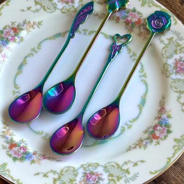 Demitasse Coffee Spoons - Mini Rainbow Dessert Spoons - Set of 4