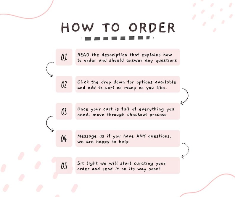 May include: A pink and white graphic with a list of five steps on how to order. The steps are numbered 1 through 5 and include instructions like "Read the description" and "Click the drop down".