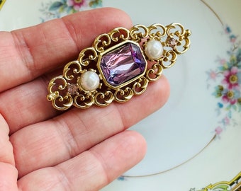 Vintage Brooch - Gold-Tone Filigree Lapel Pin with Purple Gemstone and Pearls