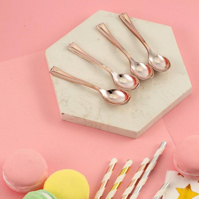 Fancy Plastic Cutlery Set of 6 Tea Party or Birthday Supply Rose Gold Mini Spoons Bridal or Baby Shower Decor Rose Gold Silverware