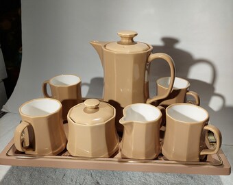 This 10 Piece set of  Brown Decagon Fluted Coffee or Tea set with a Pitcher is Japanese Ceramic Pottery