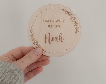 Personalisiertes Holzschild | Hallo Welt Schildchen | Geburtstafel | Meilenstein Baby | Namensschild