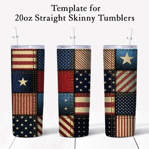 May include: Three 20oz straight skinny tumblers with a patchwork design featuring red, white, and blue colors. The design is reminiscent of the American flag.