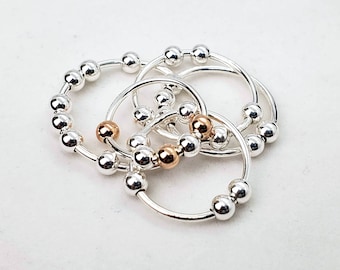 Anillo de plata Argentium con cuentas rodantes, joyería para la ansiedad