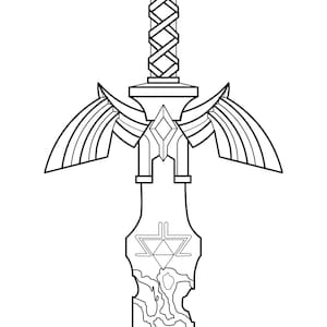 May include: Black and white line art illustration of a sword. The sword features a detailed hilt with a cross-hatched design, a stylized guard with wing-like elements, and a blade with a geometric emblem and textured pattern.