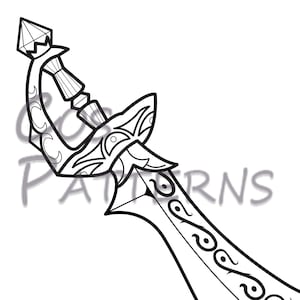 Puede incluir: Un dibujo en blanco y negro de una espada con un mango y una hoja decorativos. La hoja tiene un patrón de espirales y puntos.