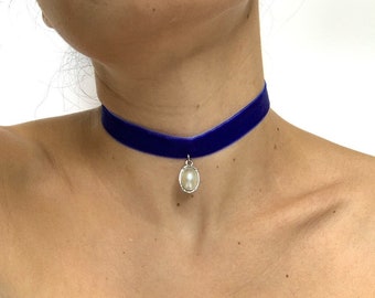 Pearl Pendant Royal Blue Velvet Choker