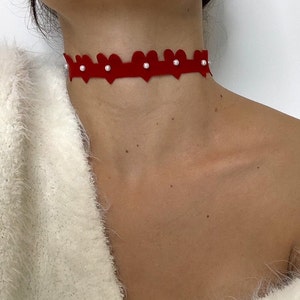 Bright Red Hearts & Pearls Velvet Choker | Hypoallergenic Stainless Steel