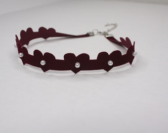 Burgundy Velvet Hearts Choker w/ Pearl Detail