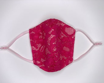 Rosa Spitze Gesicht Maske w / Satin Basis Stoff | Baumwoll-, Rayon- & Spitzenmaske | Doppelseitige handgefertigte Gesichtsmaske