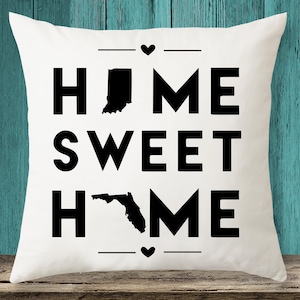 Indiana & Florida - Home Sweet Home State maps throw pillow cover with Free Shipping, State Pillow Case, Custom Pillow Case