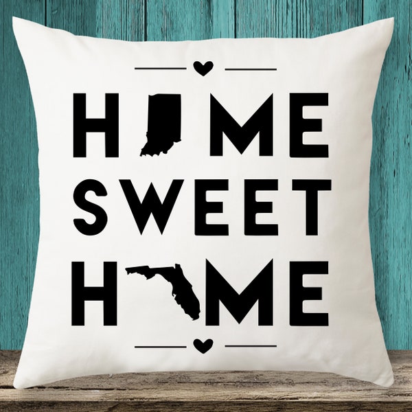 Indiana & Florida - Home Sweet Home State maps throw pillow cover with Free Shipping, State Pillow Case, Custom Pillow Case