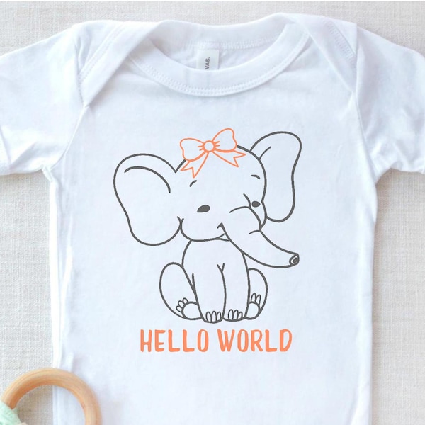 Hello World Baby SVG, Baby Outfit SVG, Newborn SVG, Infant, Elephant, First Outfit, Baby Design, Baby Shower, Silhouette Cricut Cut File