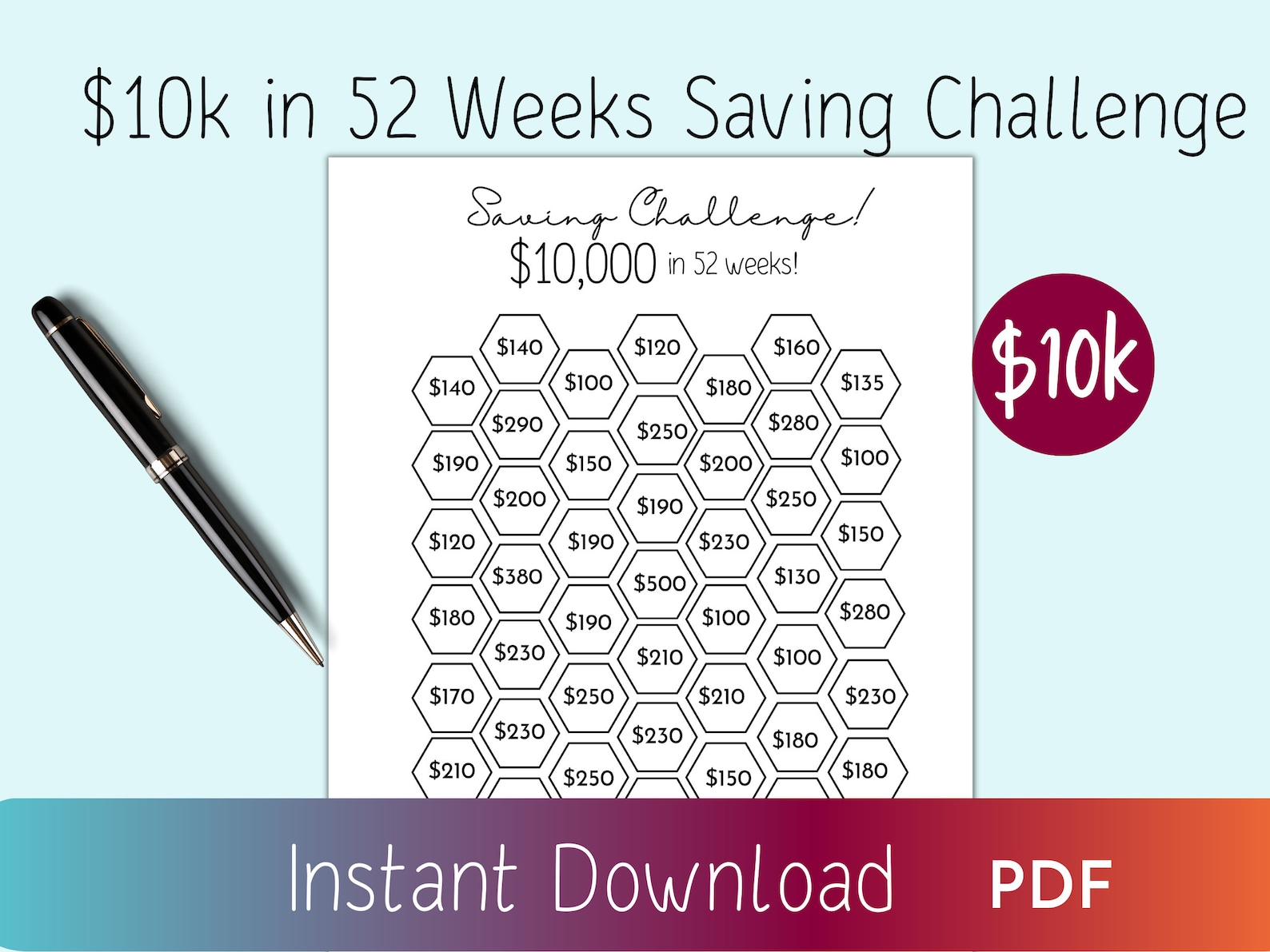 10k Saving Challenge Printable, Money Saving Challenge for 2022 ...