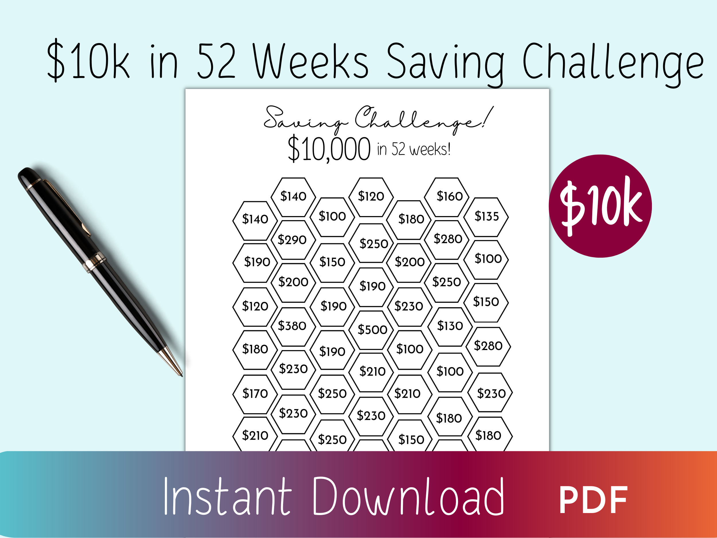 10k Saving Challenge Printable, Money Saving Challenge for 2022 ...