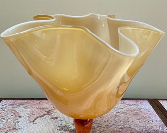 VINTAGE | 1960s Murano Art Glass Handkerchief Vase | Pale Yellow to Gold Base | Cased Glass