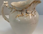 ANTIQUE Alfred Meakin Ironstone Pitcher Ivory with Gold, 7 quot Tall, Royal Semi-Porcelain