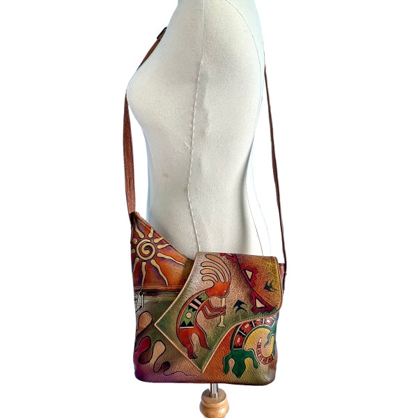 VINTAGE | Anuschka Hand Painted Leather Crossbody Shoulder Bag Purse | Abstract Art | 10"W