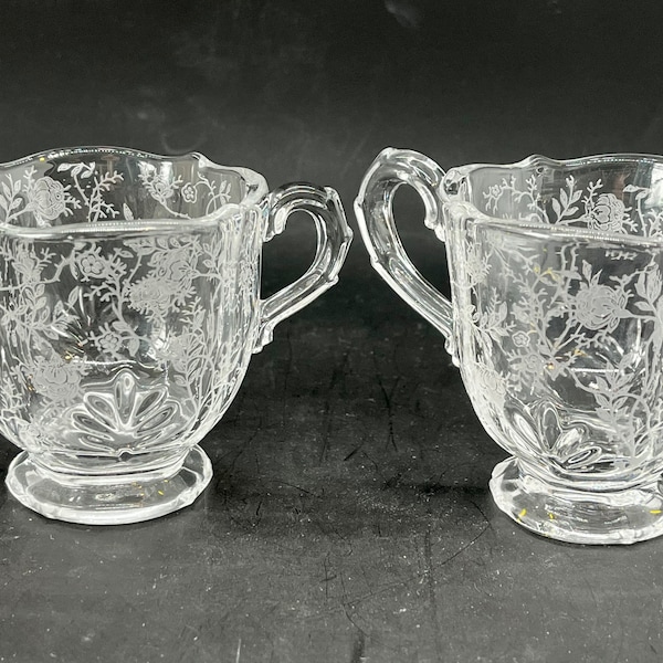 VINTAGE | Fostoria Elegant Glass |Footed Cream & Sugar Bowl Set |Chintz Pattern | Etched