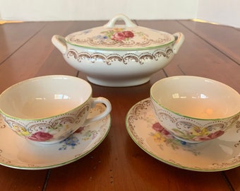 VINTAGE | Made in Japan Covered Dish and 2 teacups/saucers, Pink Roses, Green Trim, Gold Detail 1920s Handpainted