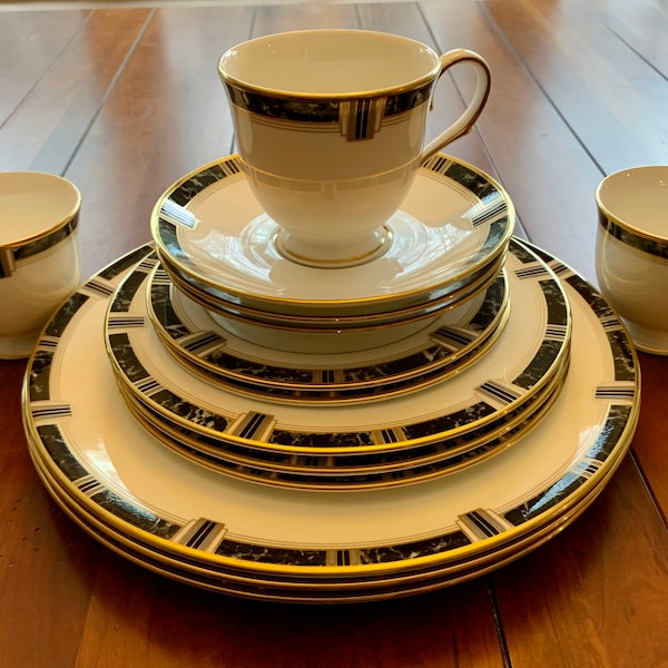 VINTAGE | New Unused Lenox Classic Modern China | Various Pieces | White with Black Marble Band | Gold Trim | 1990s