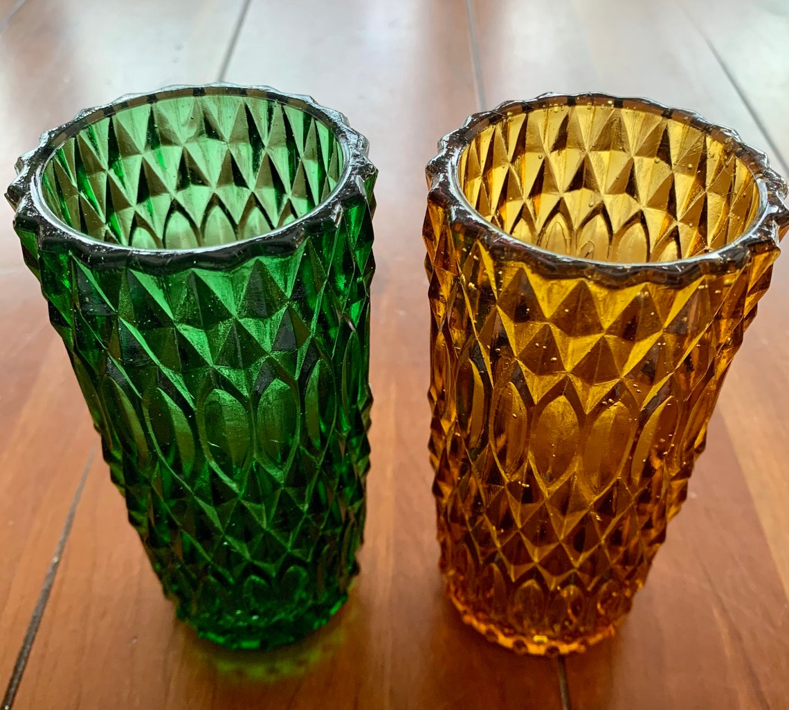 VINTAGE Green & Amber Pressed Glass Drinking Glasses Etsy