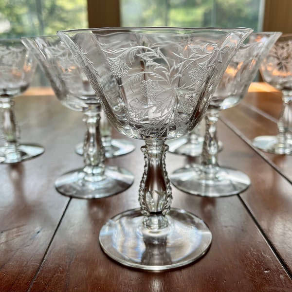 VINTAGE | Fostoria Heather Flared Low Sherbet Glasses | Optic Bowl | Floral Etch 343 | Stem 6037/2630 | Set of 7 | 4 3/4" tall | 7 oz