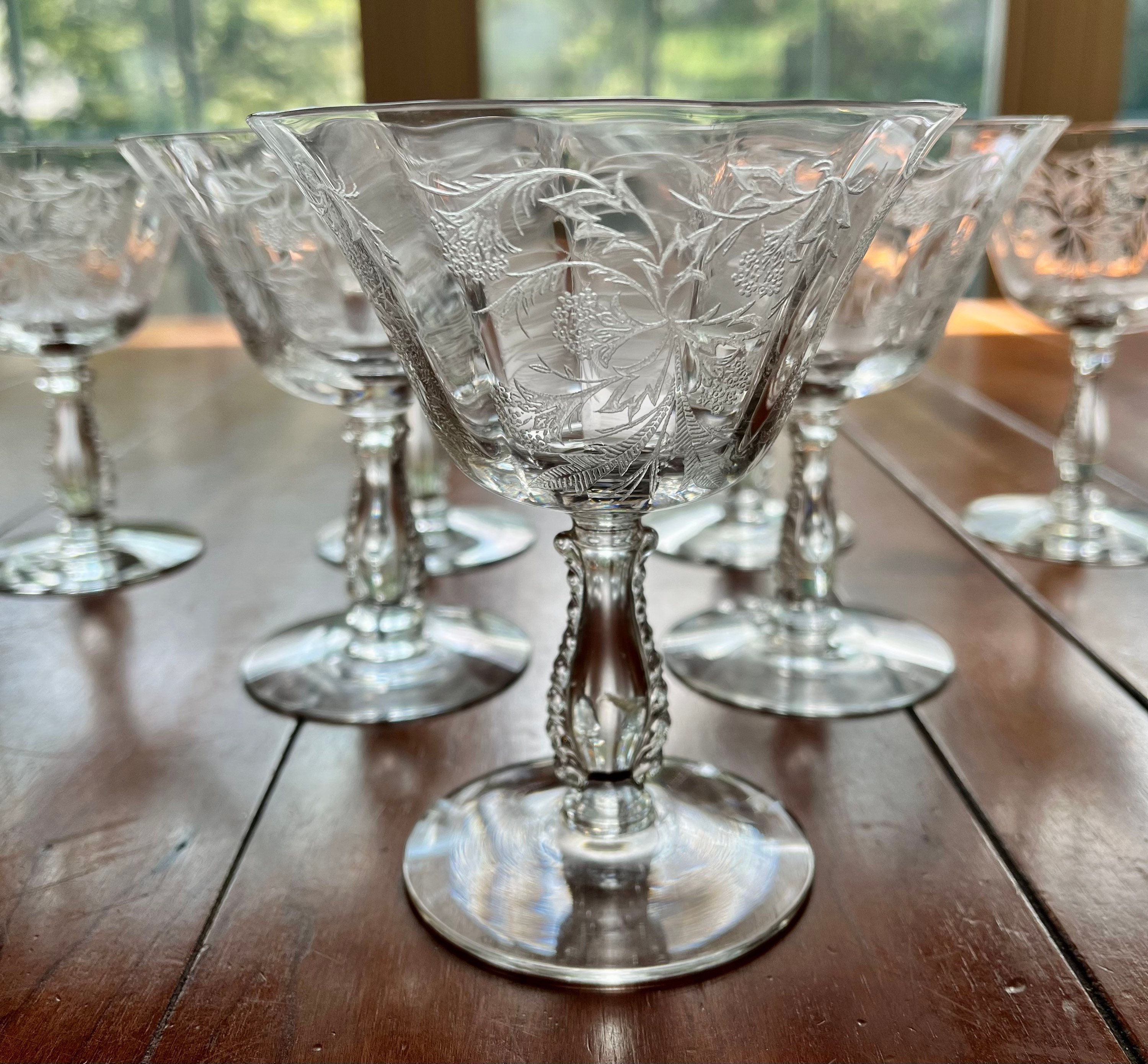 4 Vintage Etched Crystal Wine Glasses, Fostoria, Heather, c