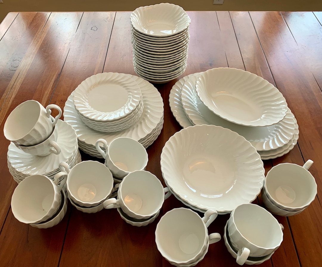 Vintage Johnson Brothers Snowhite Regency Dinnerware: White Swirl  Ironstone, Made in England