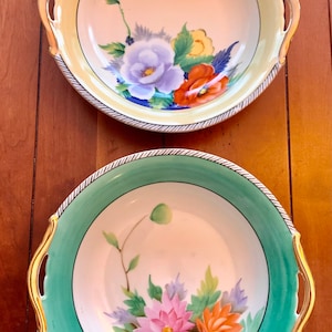 Vintage Noritake Floral Bowls: Hand-Painted, Gold Handles, Set of 2