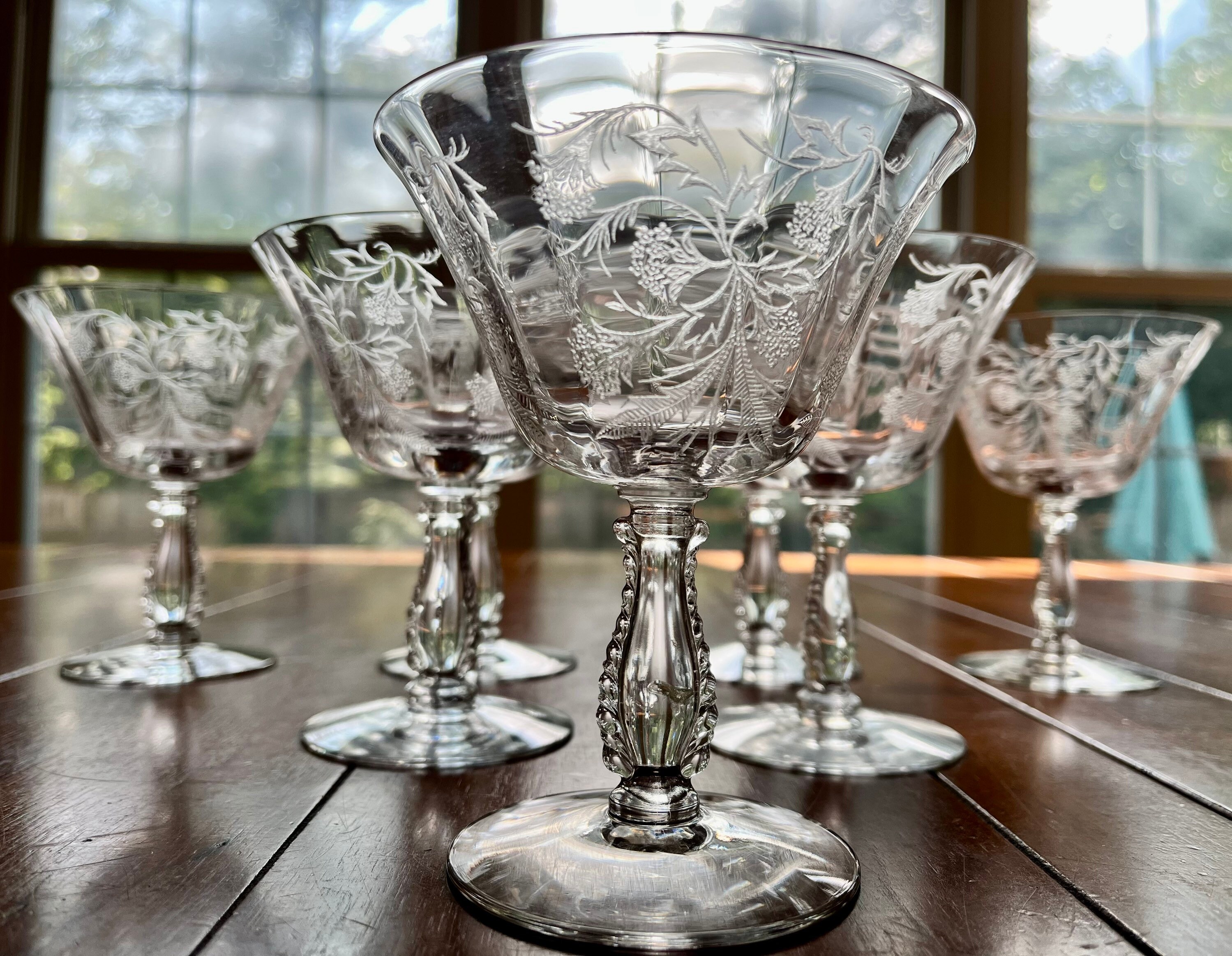 Vintage Fostoria Heather Sherbet Glasses - Floral Etched Crystal