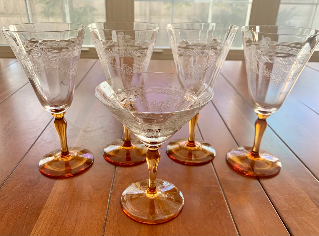 Vintage Bryce Amber Stem Glassware Set: Etched Floral Optic Bowls, 1940s -  Etsy