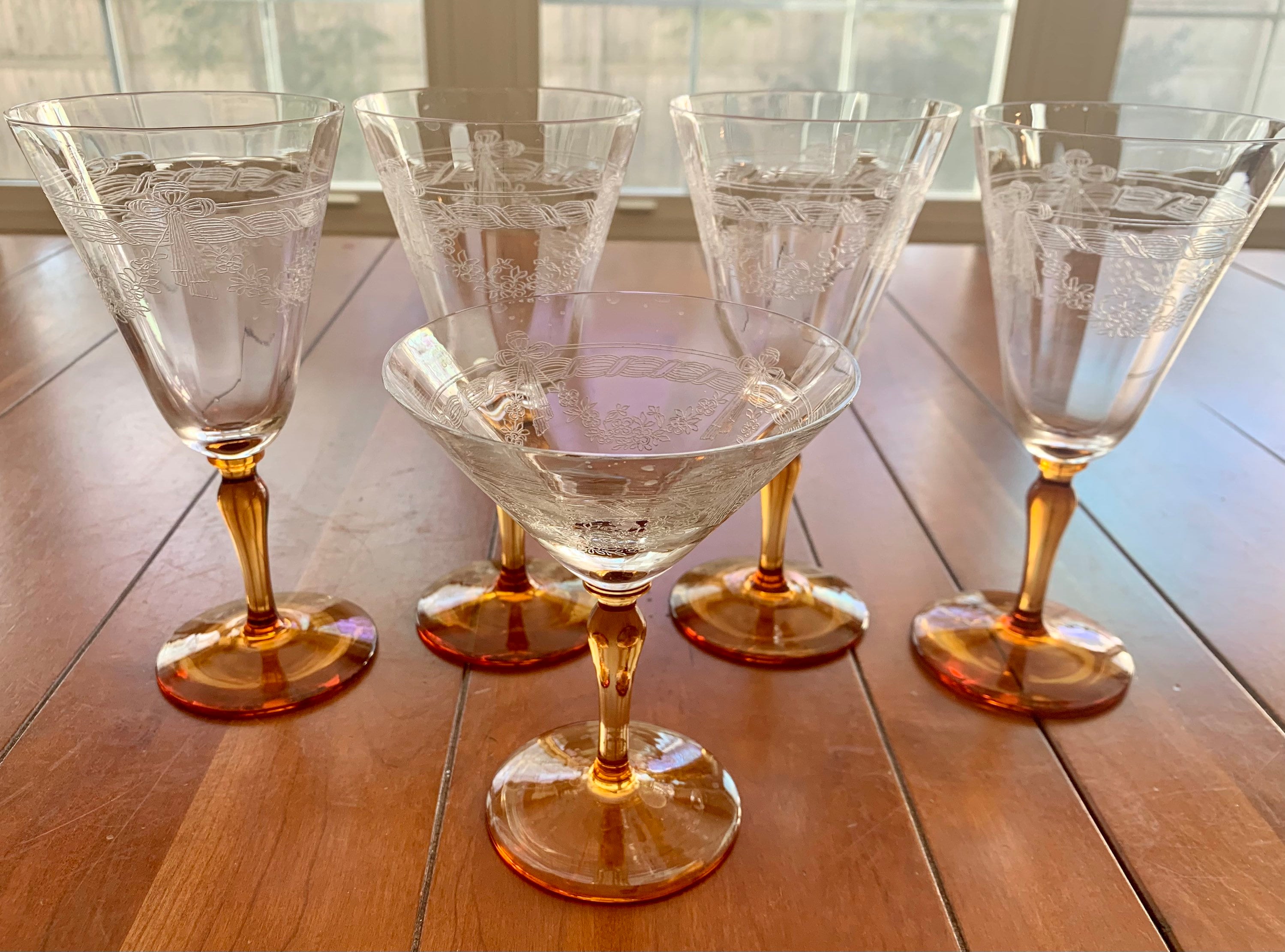 Vintage Bryce Amber Stem Glassware Set: Etched Floral Optic Bowls
