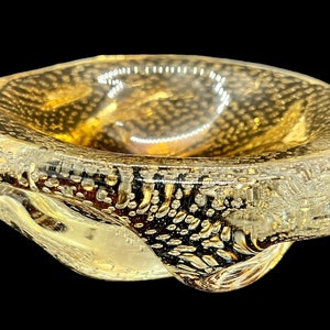 VINTAGE | Controlled Air Bubbles Small Bowl | Clear & Amber | Trinket Dish | Art Glass | 5.5&quot;D