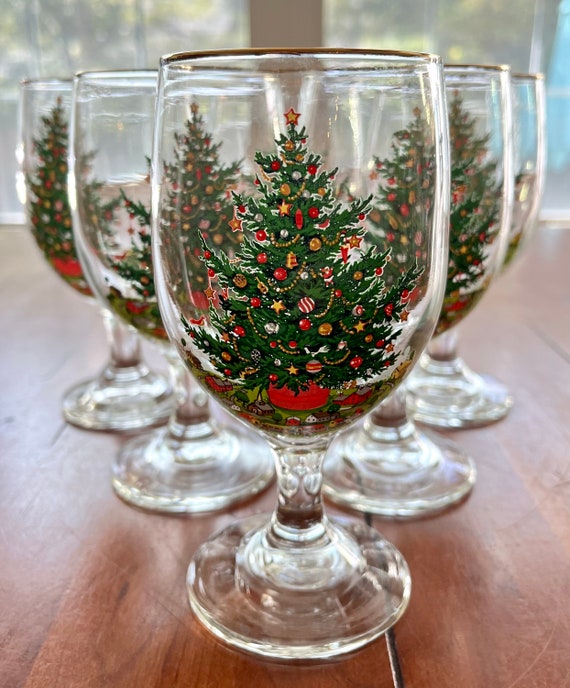 VINTAGE Viking Glass Christmas Tree Water Goblets Wine Glasses Set