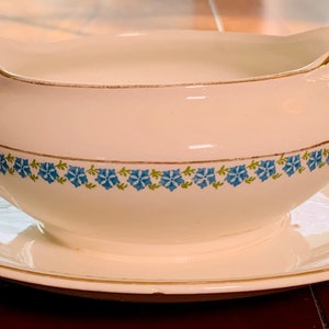 VINTAGE | Crooksville China Co White Sauce / Gravy Boat | Attached Underplate | Blue Floral | Green Leaves | Thin Gold Band